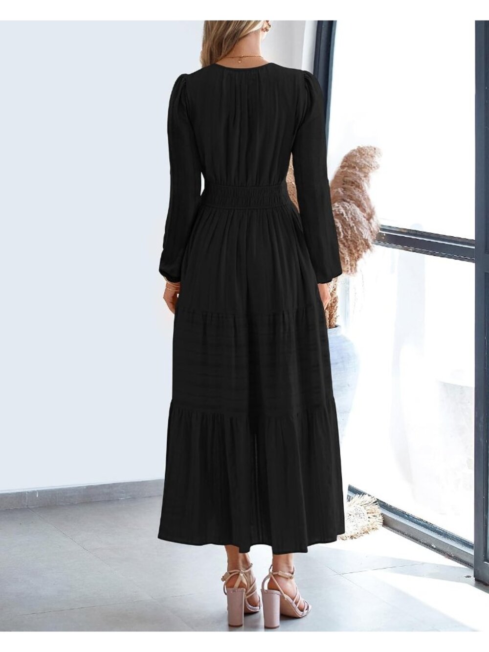 Women's Black V Neck Elastic Waist Long Sleeve Cocktail Bodycon Maxi Dress - Picture 3 of 6